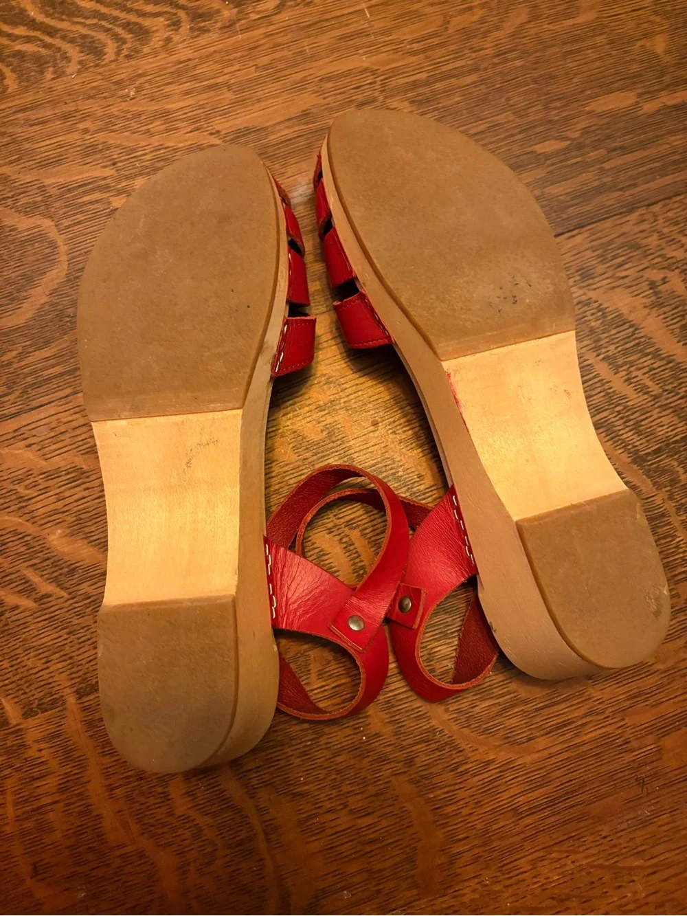 Swedish Hasbeens Red Leather Strappy Wood Platform Sandals